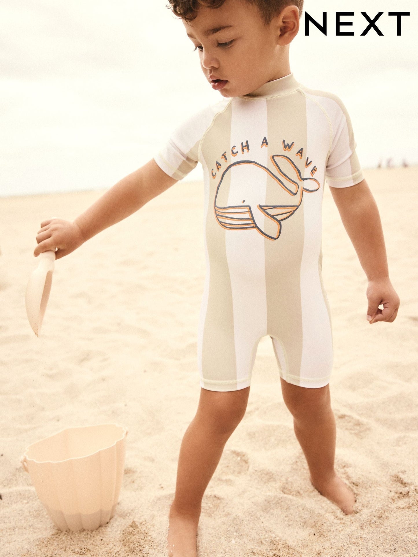 Neutral White Stripe Sunsafe All-In-One Swimsuit (3mths-7yrs)