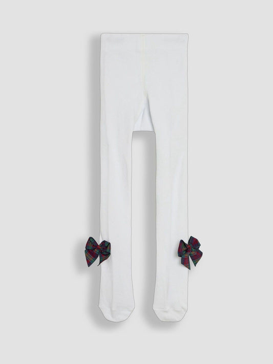 JoJo Maman Bébé White Tartan Cotton Rich Tights With Bows image 2
