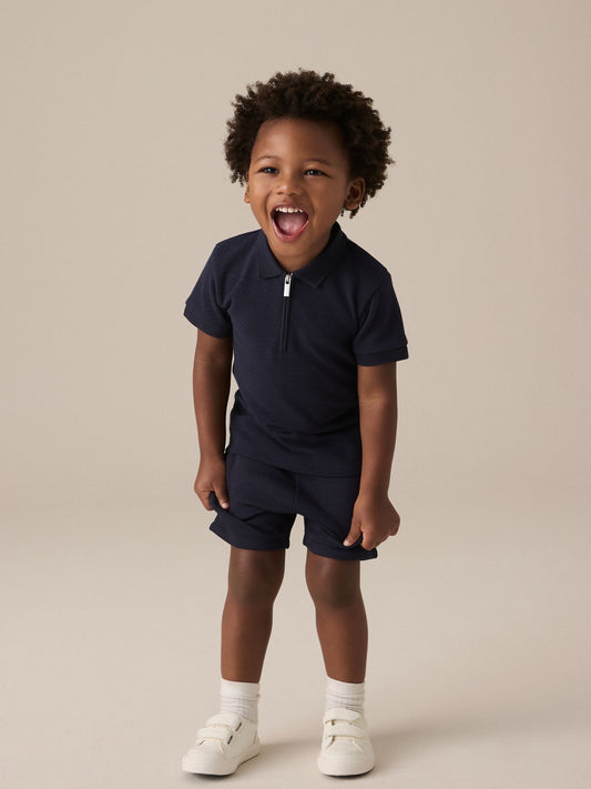 Navy Textured Short Sleeve Polo Shirt And Shorts Set (3mths-7yrs) image 2