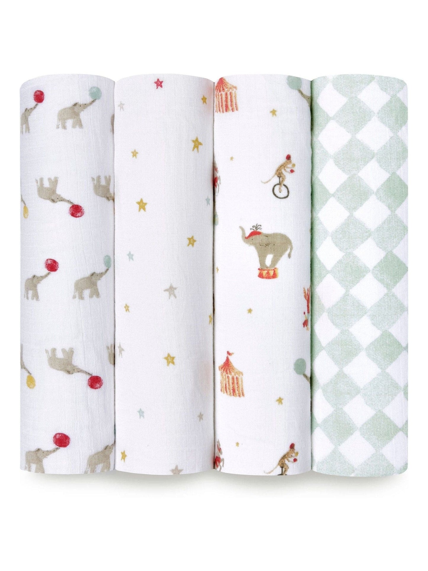 aden + anais White Essentials 100% Cotton Muslin Blanket Elephant Circus Muslins 4 Pack image 1