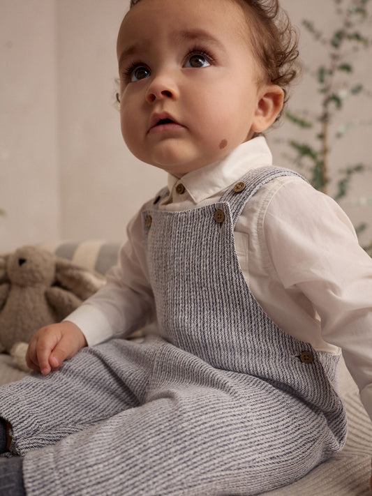 Grey/White Woven Cotton Baby Dungaree and Bodysuit Set (0mths-3yrs) image 2
