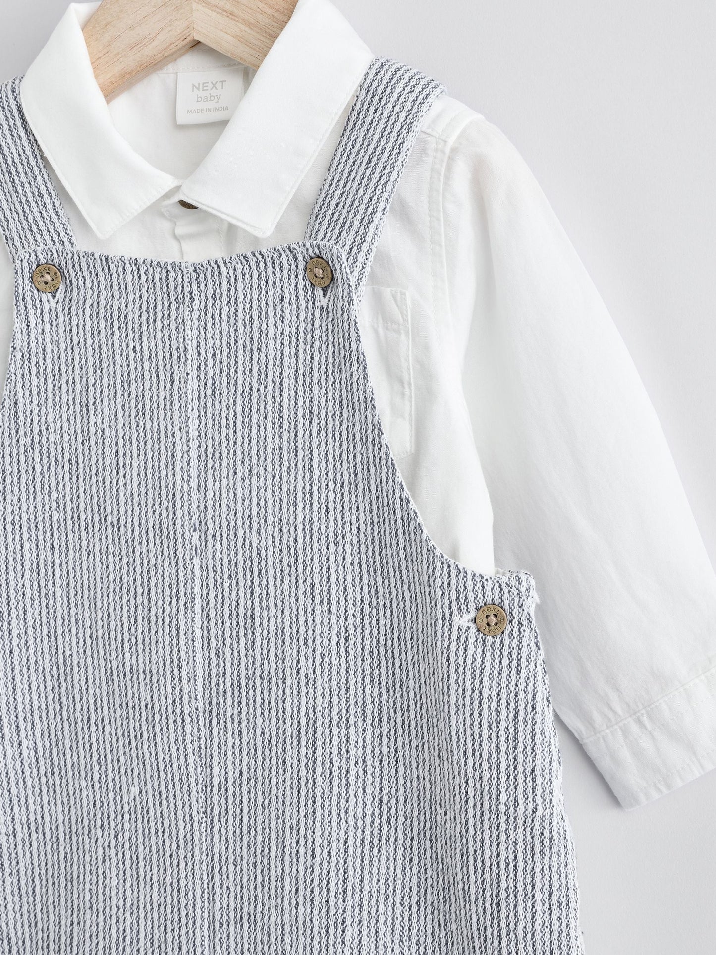 Grey/White Woven Cotton Baby Dungaree and Bodysuit Set (0mths-3yrs) image 8