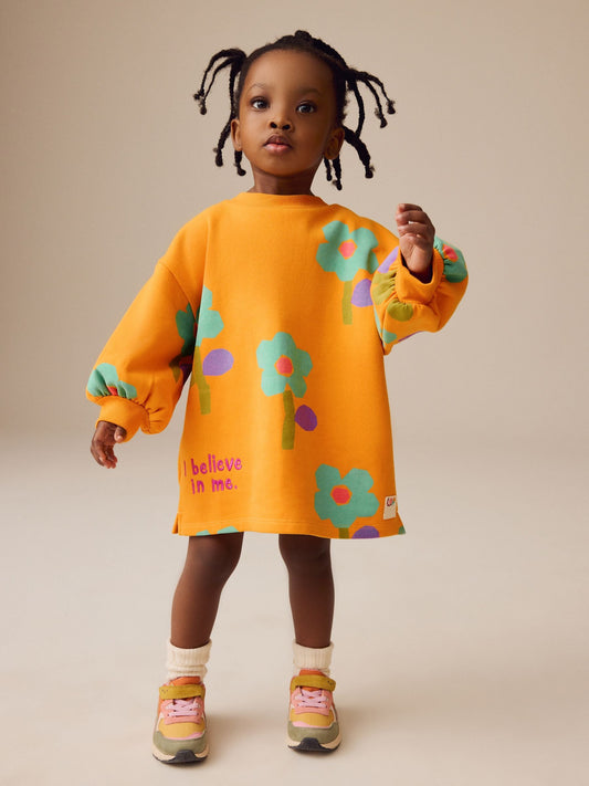 Orange Floral Long Sleeve Sweat Dress (3mths-7yrs)