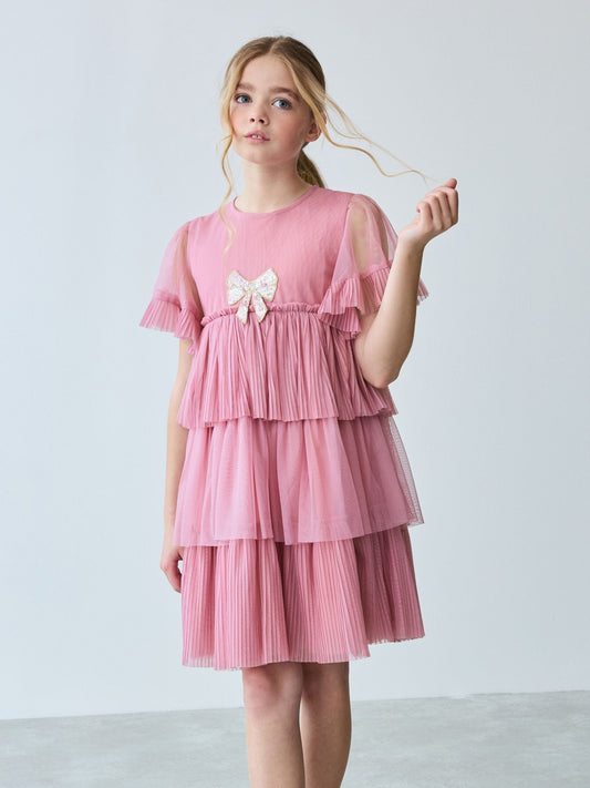 Baker by Ted Baker Pink Pleated Tier Mesh Dress