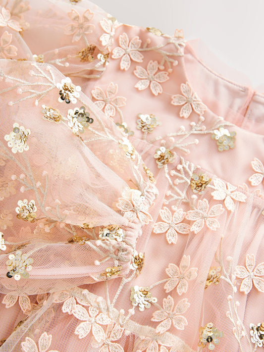 Dsiney Kidz - Pink/Gold Embroidered Sequin Long Sleeve Mesh Occasion Dress (4-14yrs) image 2