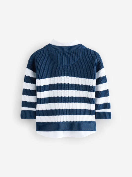 Navy Stripe 100% Cotton Knitted Mock Shirt Jumper (3mths-7yrs)