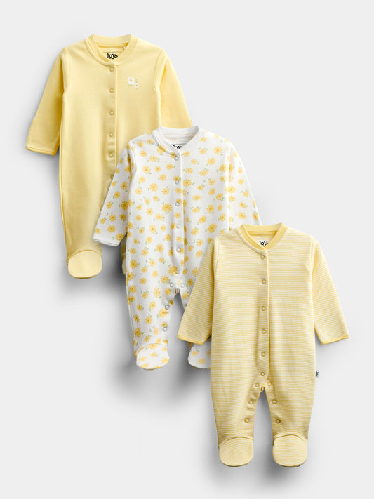 JoJo Maman Bébé Yellow Daisy 3-Pack Footed Sleepsuits - image 1