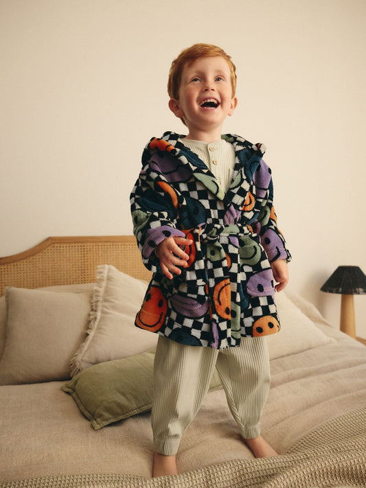 Multi Checkerboard Happy Face Fleece Robe (9mths-10yrs)