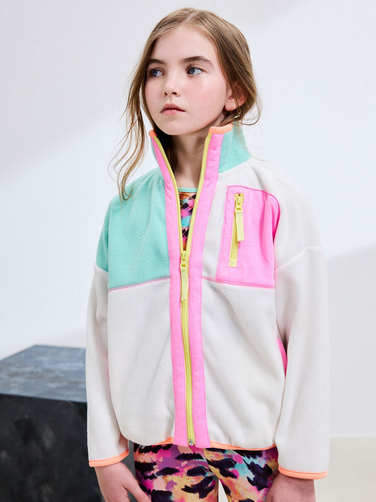 Cream/Pink Colourblock Print Zip-Up Fleece Jacket (3-16yrs)