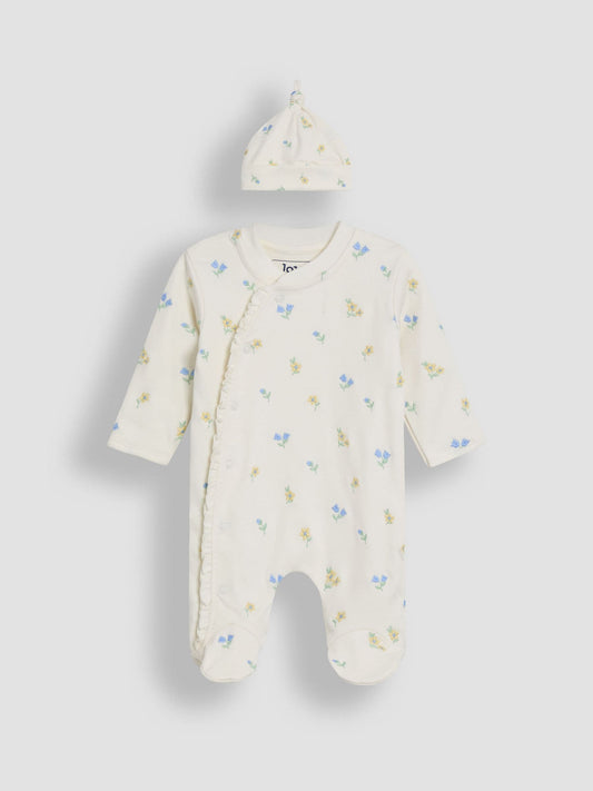 JoJo Maman Bébé Cream Floral Cotton Embroidered Sleepsuit & Hat Set image 2
