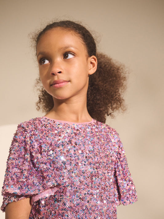 Dusky Pink Angel Sleeve Sequin Party Dress (3-16yrs)