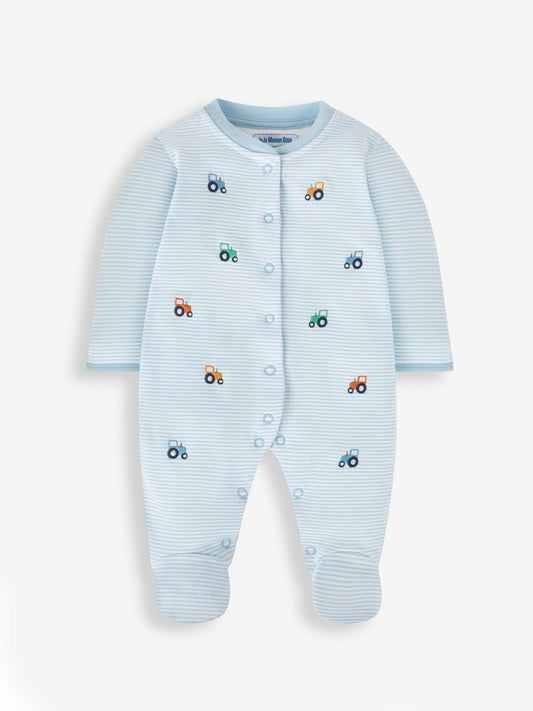 JoJo Maman Bébé Blue Tractor Organic Cotton Embroidered Sleepsuit image 2