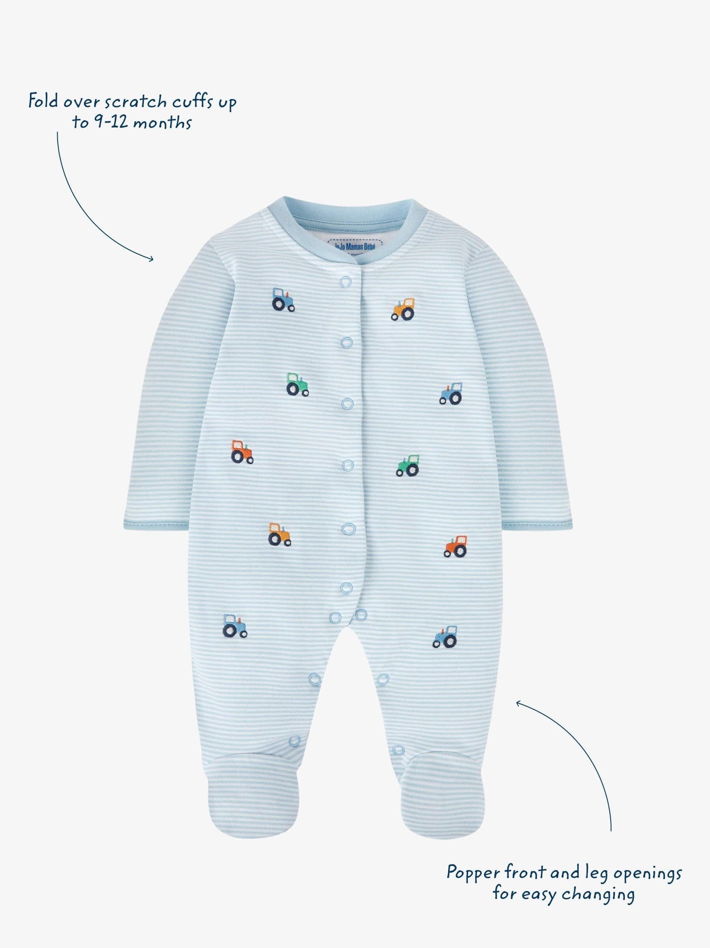 JoJo Maman Bébé Blue Tractor Organic Cotton Embroidered Sleepsuit image 5