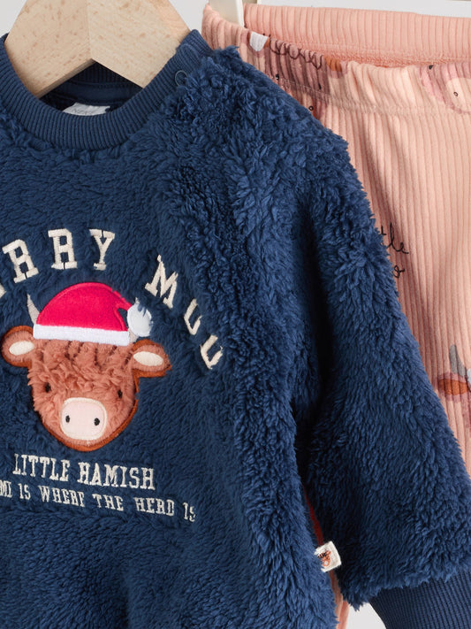 Navy Christmas Hamish Baby Fleece Top and Leggings Set (0mths-3yrs) image 3