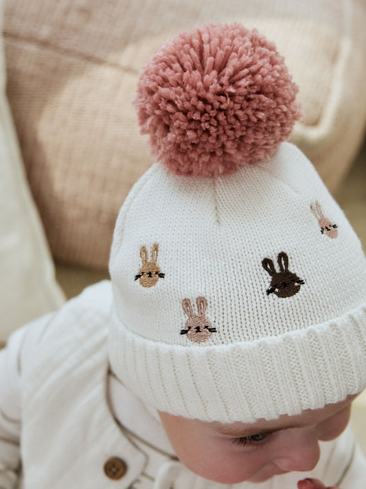 Pink/Cream Embroidered Bunny Character Pom Knitted Hat (0mths-2yrs) image 3
