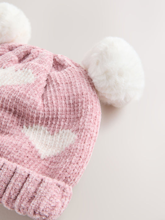 Pink Baby Heart Print Double Pom Chenillle Knitted Hat (0mths-2yrs)
