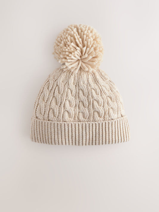 Cream Knitted Cable Pom Beanie