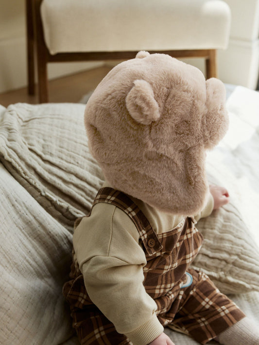 Beige Faux Fur Bear Faced Baby Trapper Hat