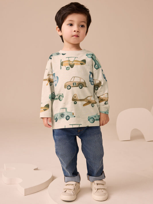 White Transport 100% Cotton Long Sleeve All-Over Print T-Shirt (3mths-7yrs) image 2
