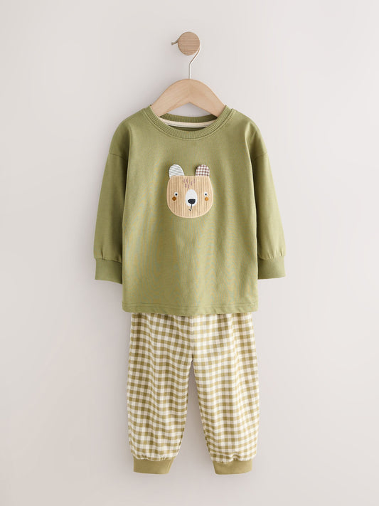 Olive Green/Stone/Ecru Animal Check Woven Bottom Pyjamas 3 Pack (9mths-8yrs) image 3