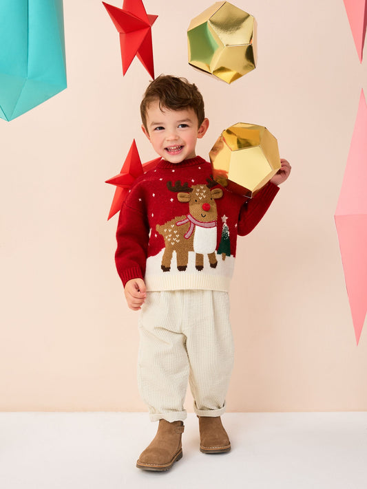 Bright Red Reindeer Knitted Christmas Jumper (3mths-7yrs)