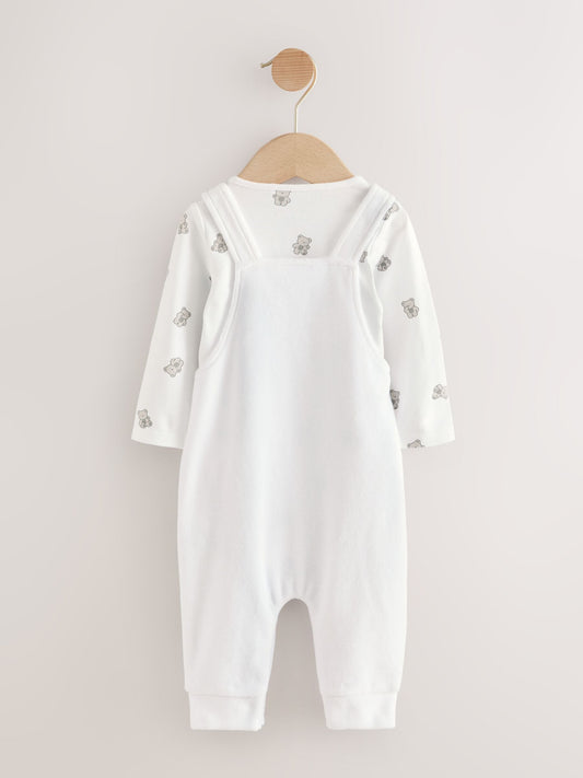 White Bear Velour Dungarees and Bodysuit Baby Set (0-12mths)
