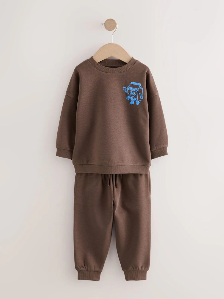 Chocolate Brown Single Printed Crew Neck Sweat Top & Jogger