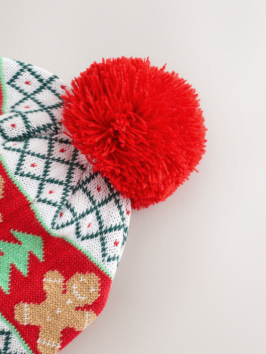 Red Gingerbread Baby Knitted Pom Christmas Beanie Hat image 3