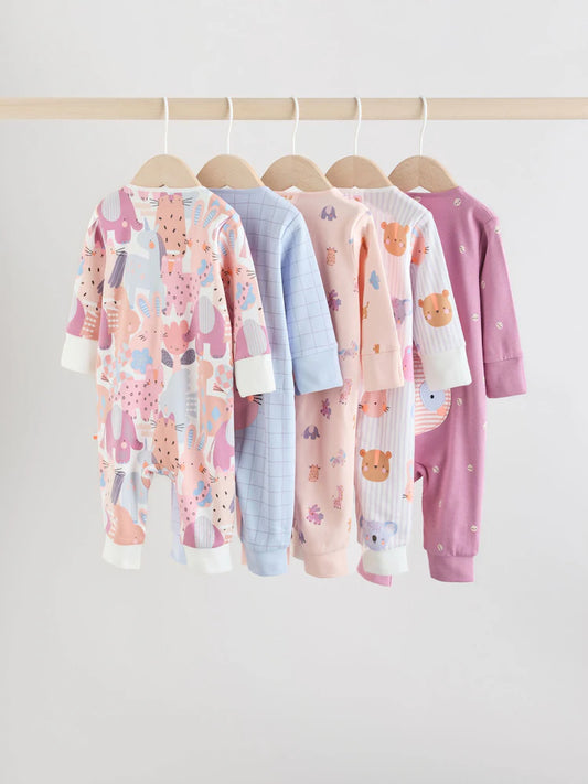 Pink Animal Character Two Way Zip Baby Sleepsuits 5 Pack