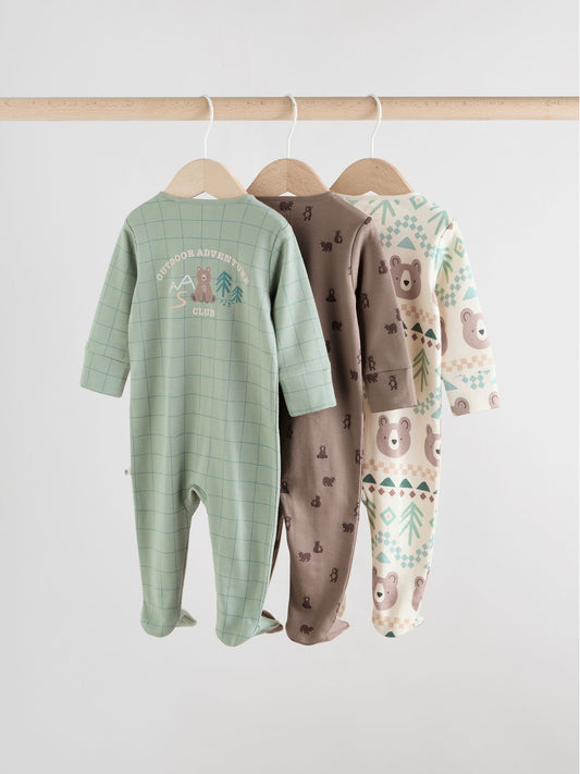 Sage Green Baby Two Way Zip Sleepsuits 3 Pack (0-2yrs)