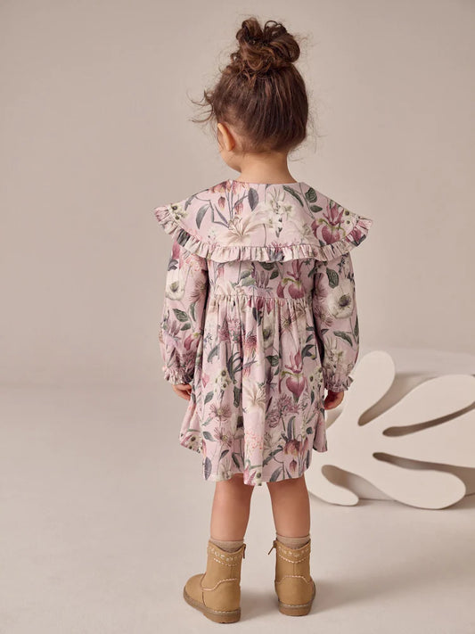 Pink Floral Print Long Sleeve Collared Dress (3mths-7yrs)