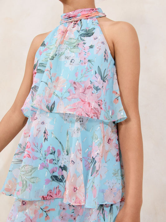 Lipsy Blue Floral Print Halter Tiered Dress (5-16yrs) - image 2