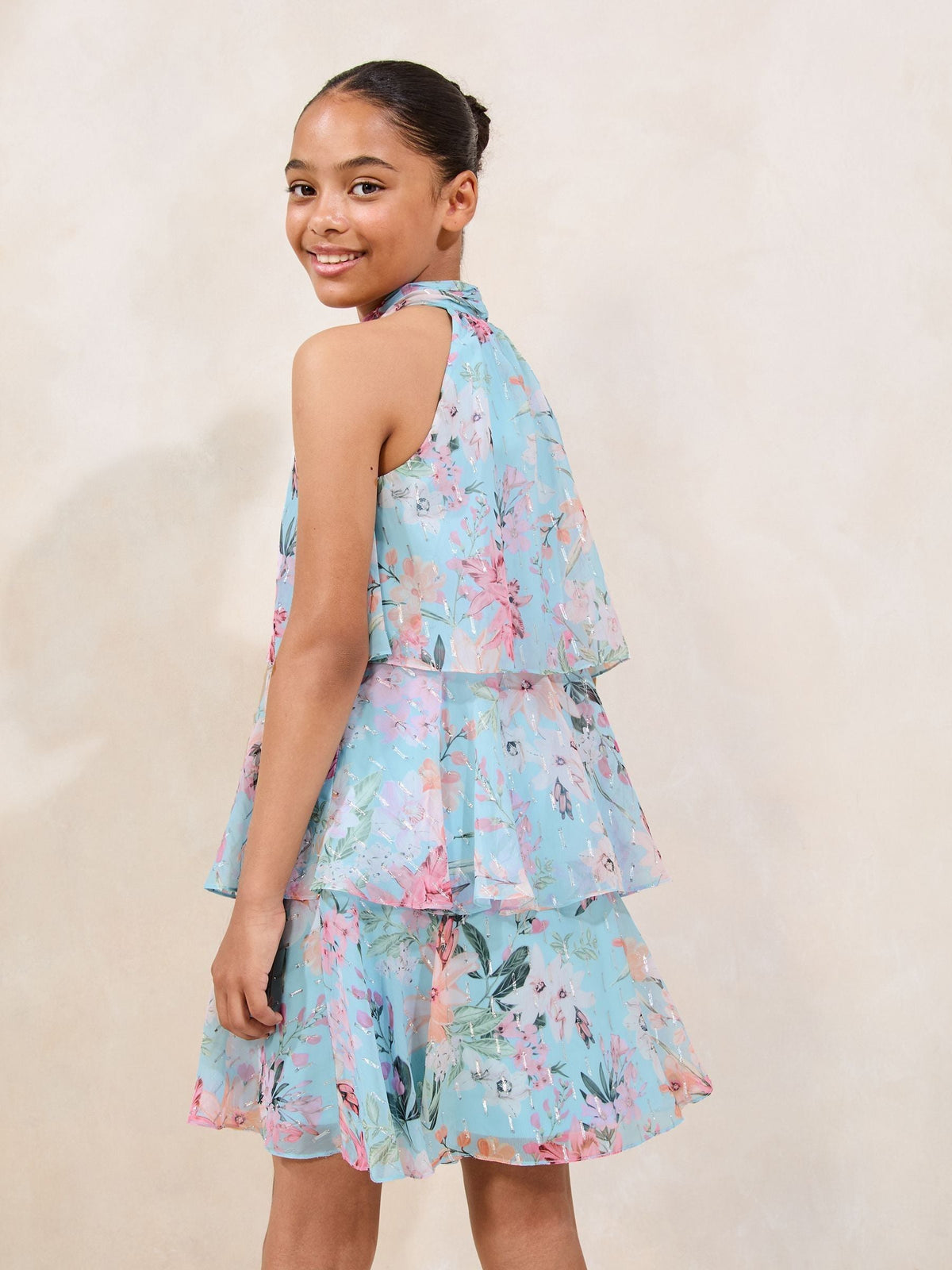 Lipsy Blue Floral Print Halter Tiered Dress (5-16yrs) - image 4
