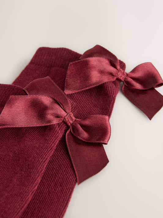 Burgundy Red 2 Pack Cotton Rich Bow Knee High Socks image 3