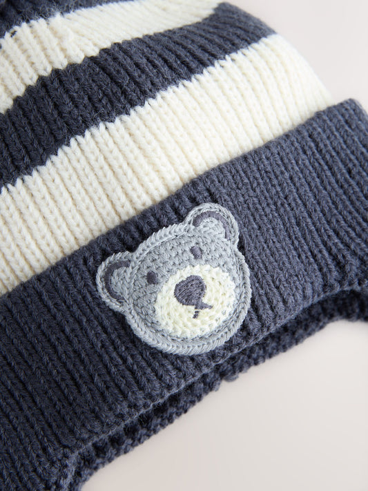 Navy Blue/White Bear Ear-Cover Pom Beanie Hat (3mths-10yrs) image 3