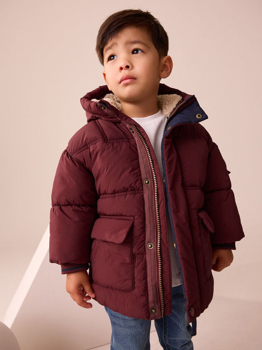 Burgundy Red Borg Lined Padded Shower Resistant Coat (3mths-7yrs)