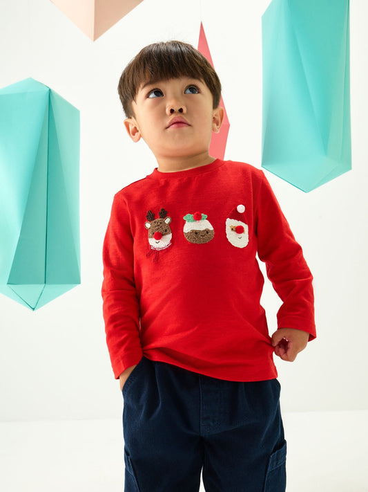 Red Trio Character Appliqué Christmas Long Sleeve T-Shirt (3mths-8yrs)