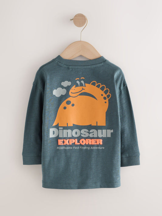 Charcoal Grey Dinosaur Long Sleeve Back Print T-Shirt (3mths-7yrs) image 2