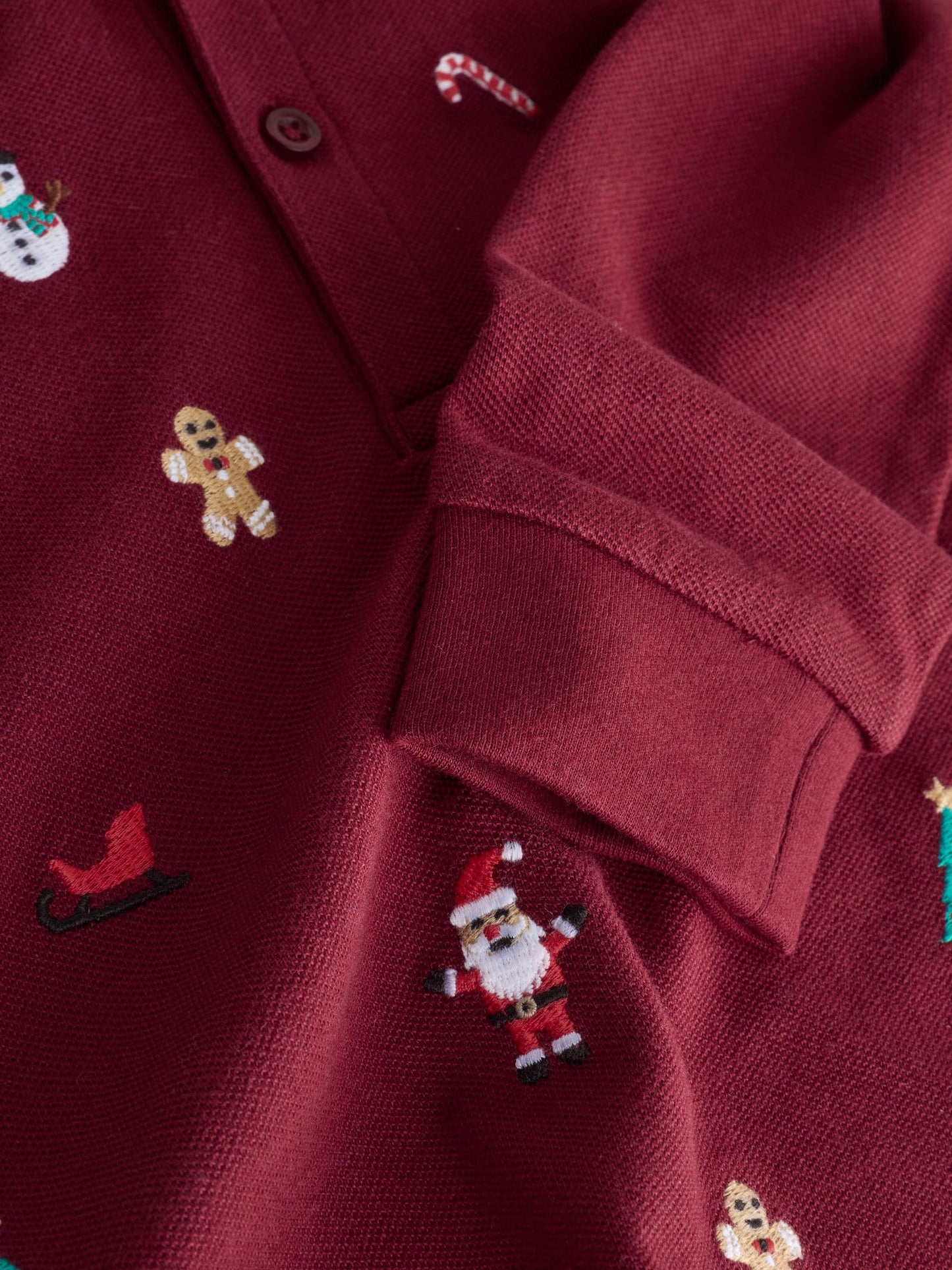 Berry Red Christmas All-Over Embroidered Long Sleeve Polo Shirt (3mths-7yrs)