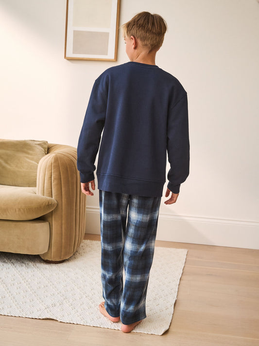 Navy Check Single Cosy Fleece Pyjamas (3-16yrs) image 3