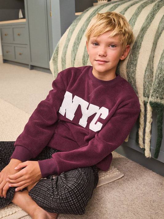 Burgundy Red NYC Single Cosy Fleece Pyjamas (3-16yrs) image 3