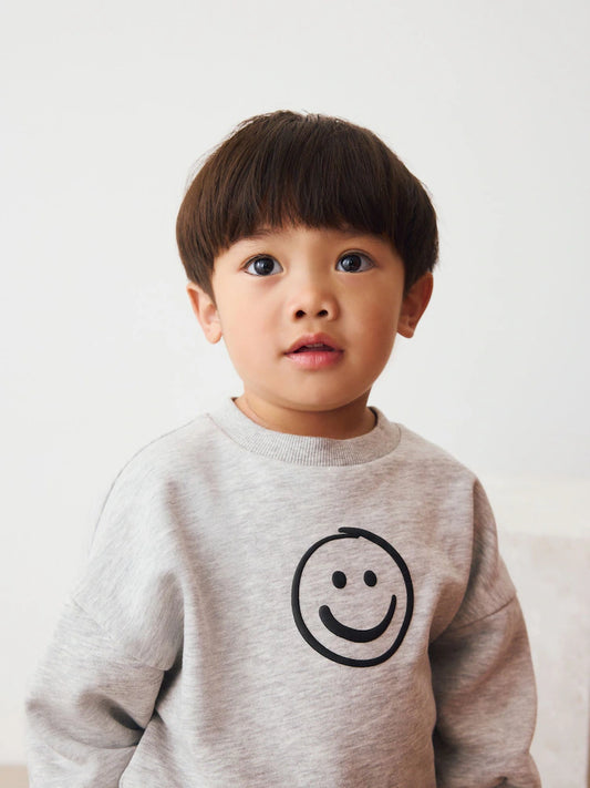 Grey Marl Single Printed Crew Neck Sweat Top & Jogger Sets