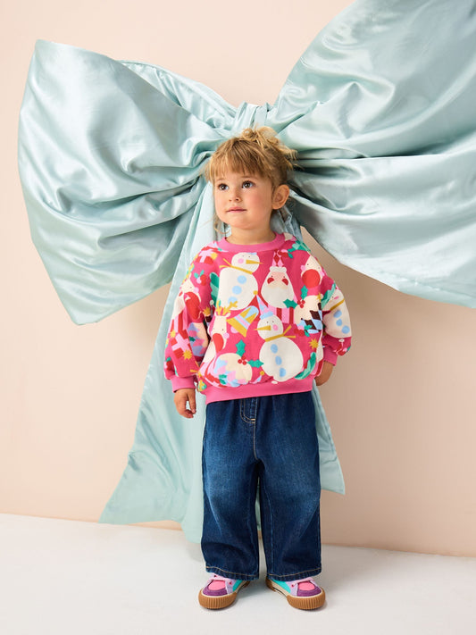 Bright Pink Christmas Print Crew Neck Sweatshirt (3mths-7yrs)