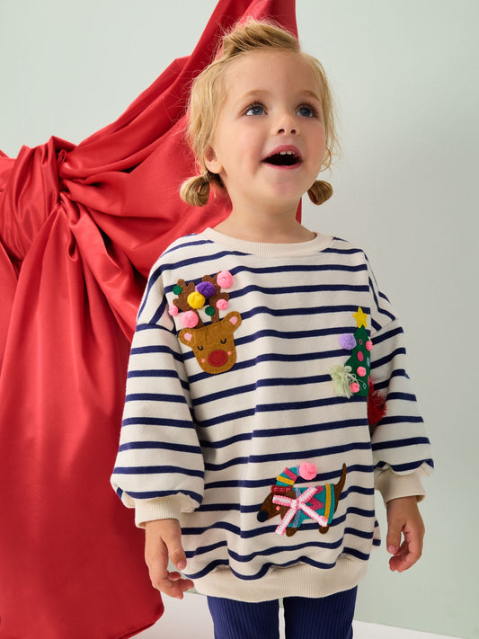 Cream/Navy Stripe Christmas Sweatshirt & Leggings Set (3mths-7yrs)