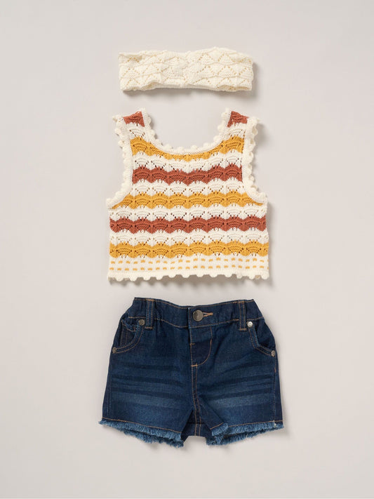Dsiney Kidz - Miss Cream/Blue True Knit Top Shorts and Headband Outfit Set image 2