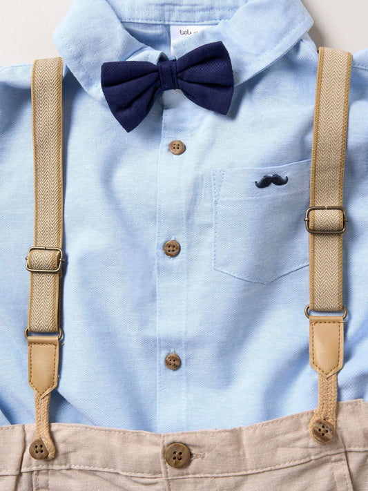 Little Gent Brown 100% Cotton Shirt Shorts And Braces Outfit Set image 2
