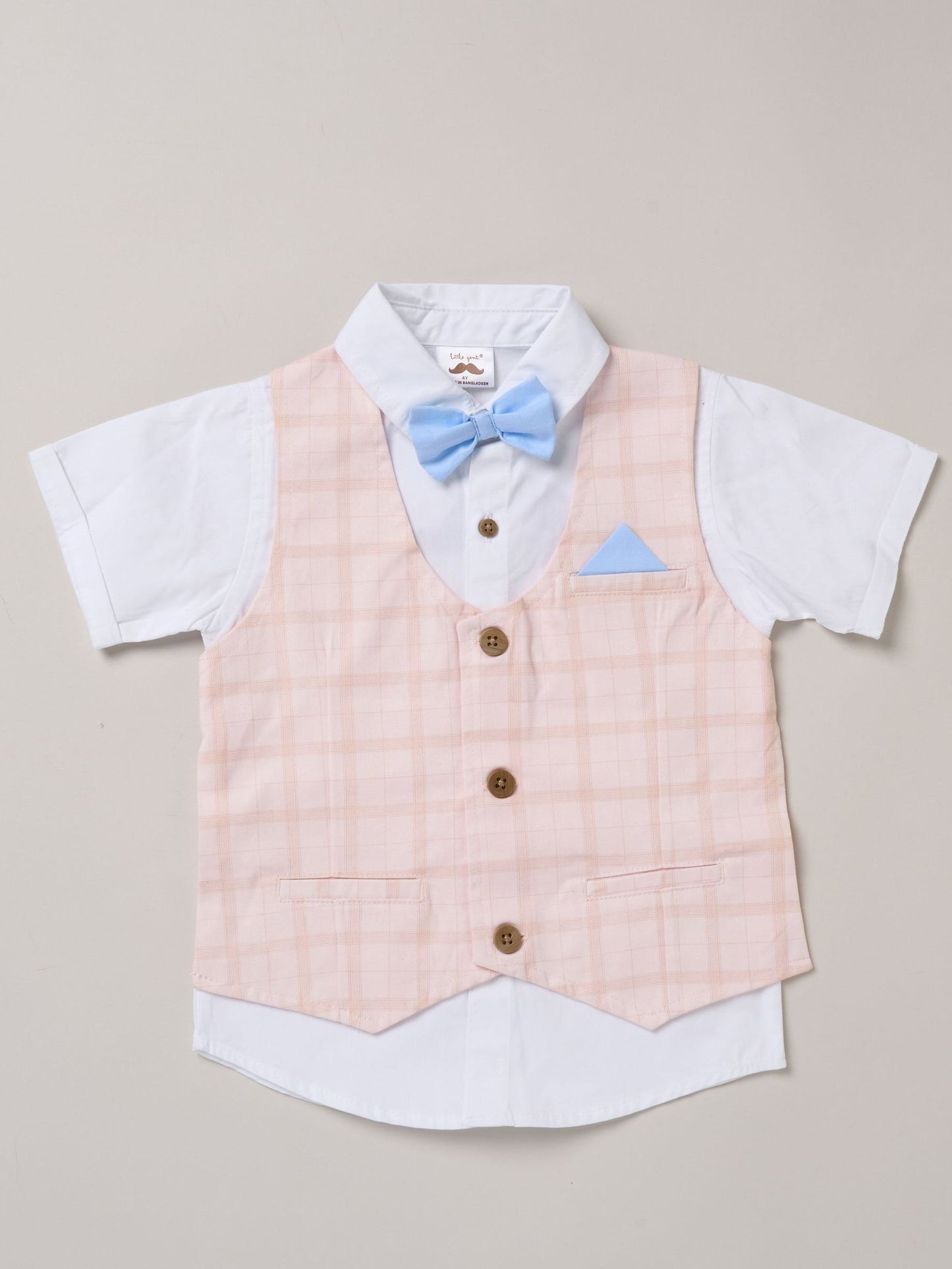Little Gent Blue 100% Cotton Shirt With Mock Waistcoat Shorts And Bowtie Outfit Set image 3