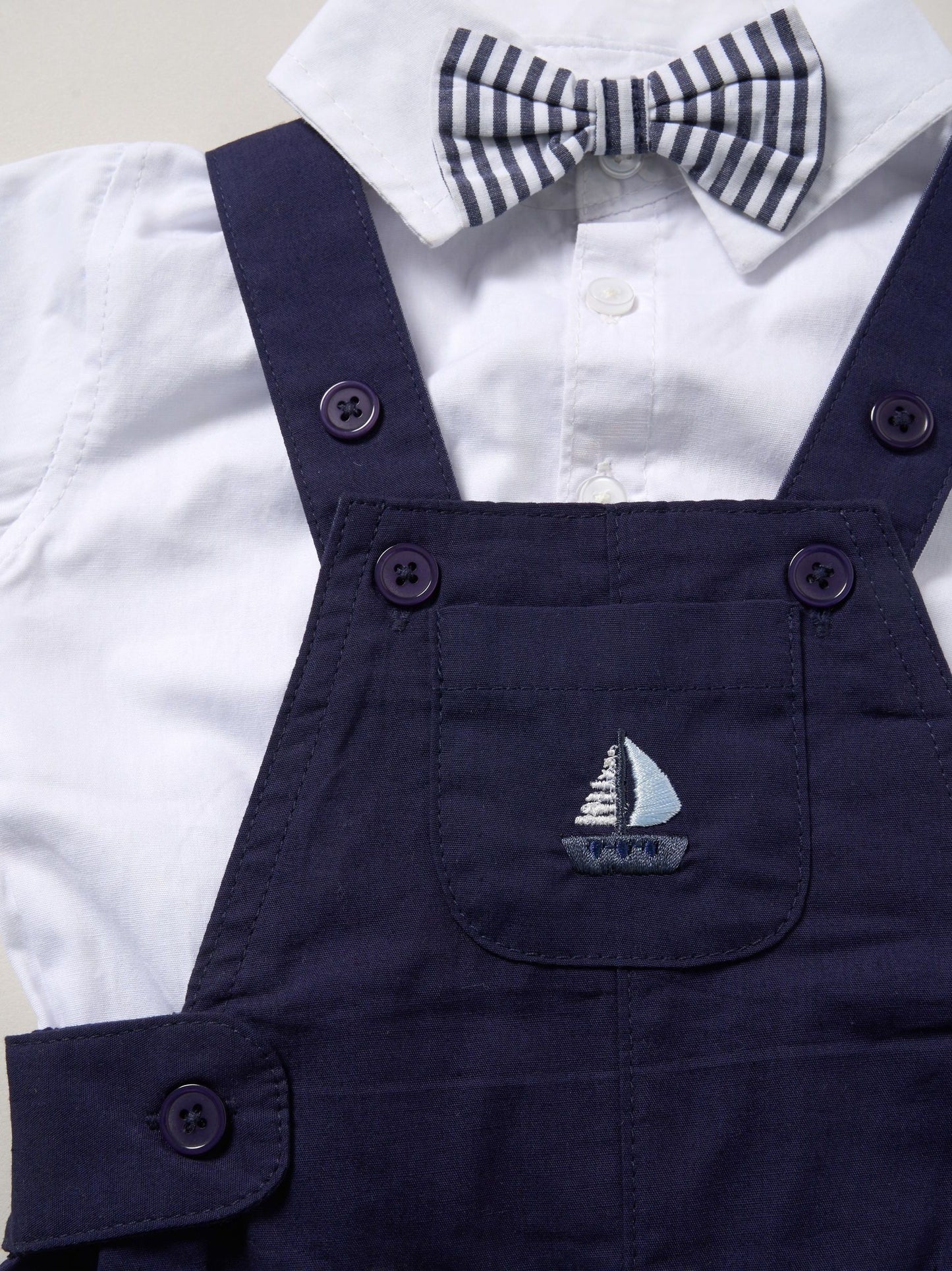 Little Gent Light Blue 100% Cotton Bodysuit Shirt Dungarees And Bowtie Outfit Set image 2