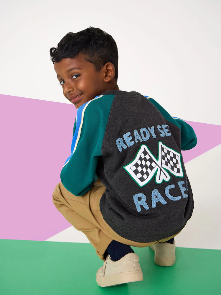 JoJo Maman Bébé Charcoal Grey Ready Set Race Applique Sweatshirt