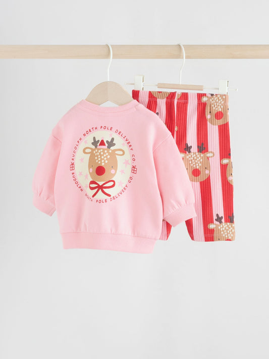 Red/Pink Reindeer Christmas Sweat and Joggers Baby Set (0mths-2yrs)